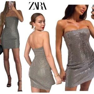 Zara taupe crystal rhinestone embellished diamanté hotfix strapless mini dress